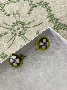 Vintage Millefiori Glass Clip-On Earrings Green Floral Italian Murano Style